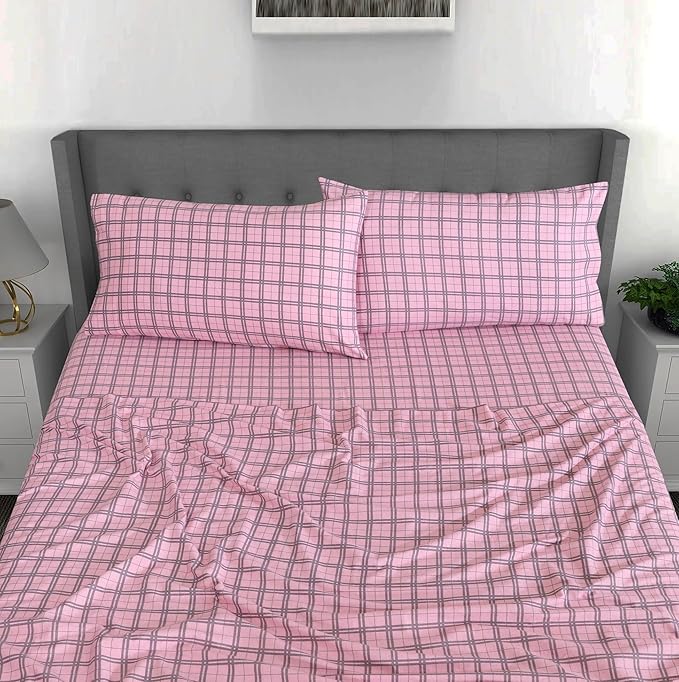 RUVANTI Flannel Sheets King Size - 100% Cotton Brushed King Size Sheets Set - Deep Pockets 16 Inches Bed Sheets - All Seasons Breathable & Extra Soft - Warm & Cozy, 4 Piece, Check & Bolt Pink