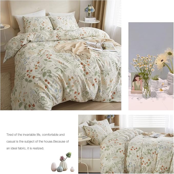 EAVD Reversible Botanical Floral Duvet Cover King White Soft Cotton Chic Shabby Garden Cute Floral Bedding Set with 2 Pillowcases Vintage Botanical Comforter Cover Set with Zipper Closure