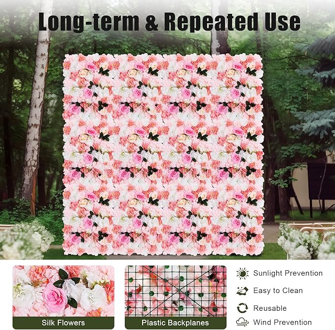 12PCS Flower Wall Panels, 3D Silk Floral Wall Backdrop, Realistic Pink Dahlias Rose Flower Backplanes, Roll Up Fake Flower Background for Valentines Wedding Party Home Decoration