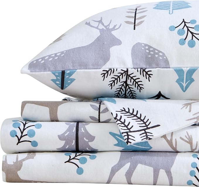 Market & Place 100% Turkish Cotton Flannel Sheet Set | 4 Piece Deep Pocket Novelty Cozy Winter Bed Sheets | Double Brushed for Extra Softness & Comfort | Alpine Collection (Full, Holiday Deer)