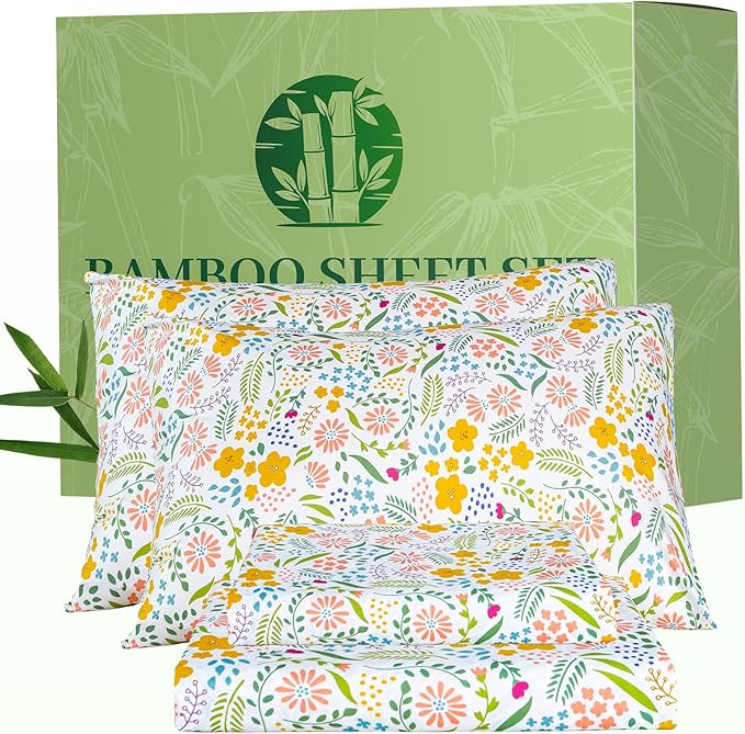 Bedlifes King Floral 4-Piece Sheet Set - Cooling Sheets Blend Rayon Derived from Bamboo,Soft & Breathable, Deep Pocket 16", Wrinkle Resistant - Featuring Floral