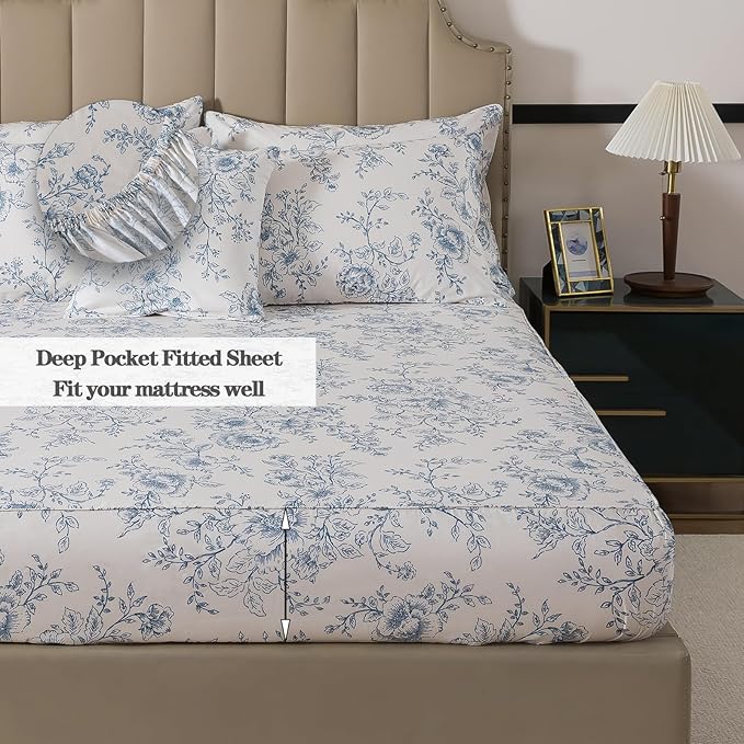 FADFAY 100% Cotton Blue Floral Bed Sheet Set, French Country Cottagecore Bedding 4Pcs, Luxury Soft Breathable Cooling Sheets with Deep Pocket Fitted Sheet, Flat Sheet & Pillowcases, King