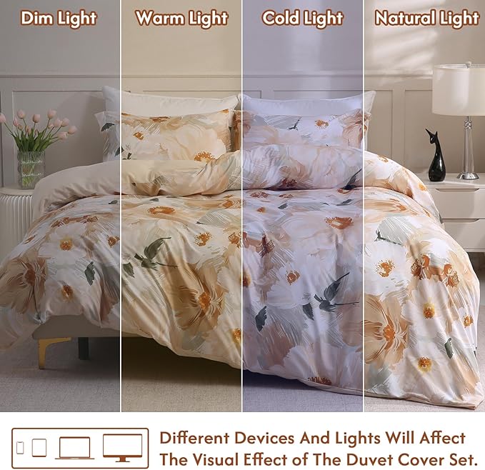 LONAVA Queen Flower 3 Pcs Duvet Cover Set, Breathable Soft Microfiber Biege Lining Comforter Cover with Zipper Closure, and 2 Anti-Pilling, Fade Resistant Pillowcases, Golden Flower