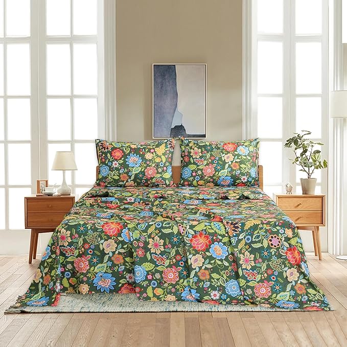 Bedlifes King Sheet Set Ultra Soft, Breathable, Silky Flower Deep Pocket 100% Microfiber Bedding, 4 Piece King Size with Floral Dark Green