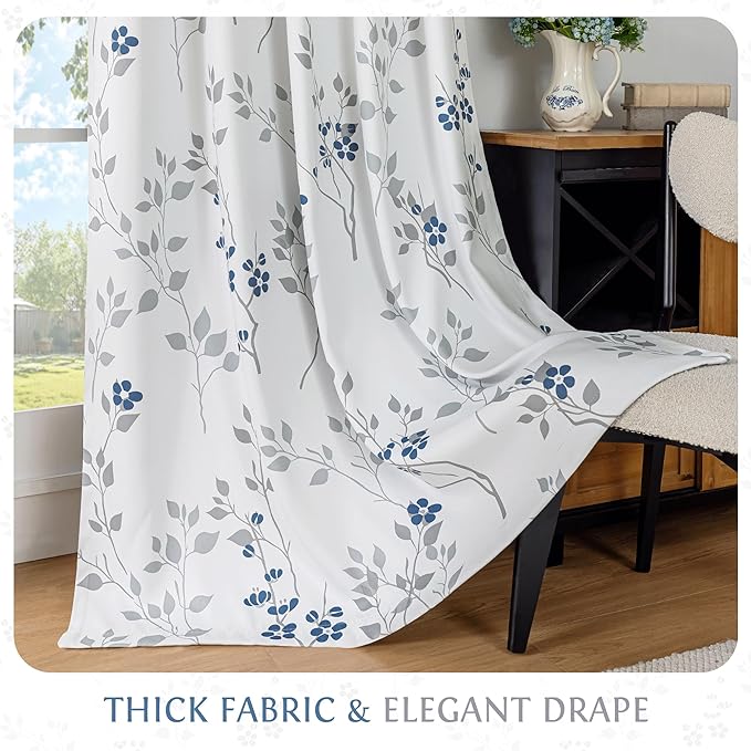 Beauoop Floral 100% Blackout Curtains 63 Inch Length 2 Panels for Bedroom Living Room Blue Grey and White Flower Patterned Room Darkening Thermal Soundproof Grommet Window Treatments Drapes, 52X63