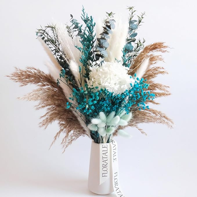 Coastal Blue Dried Flower Bouquet (No Vase) | 17'' Mini Floral Arrangement with Pampas, Hydrangea, Baby's Breath & More Natural Dried Flowers – Home Wedding Decor Centerpiece
