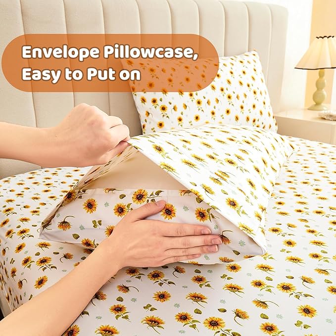 Softan Floral Sheet Set Queen, Sunflower Printed Bed Sheets Queen, Cozy Double Brushed Microfiber Fitted Sheet with 15" Deep Pocket and Corner Straps, Cute Yellow Flower Sheet & Pillowcase Sets
