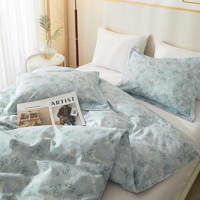 VM VOUGEMARKET Floral Comforter Set Queen Blue Comforter Set Garden Style Bedding Set Aesthetic Flower Botanical Comforter Set Soft All Seasons Boho Floral Comforter Set Queen Size