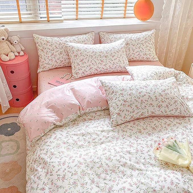 EAVD Chic Floral Girls Duvet Cover Twin XL Cotton Pink White Garden Floral Bedding Set with 2 Pillowcases Freash Cute Botanical Comforter Cover with Zipper Closure