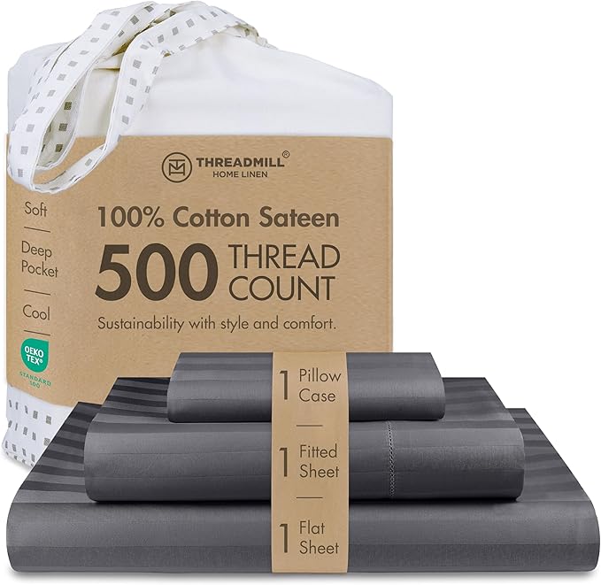 Threadmill 500 Thread Count Twin Size Damask Stripe, 3 Pc Luxury Cotton Bedding Set, Breathable & Silky Soft Dark Grey Sheets with 15" Elasticized Deep Pocket, 1 Pillowcase & Free Tote Bag