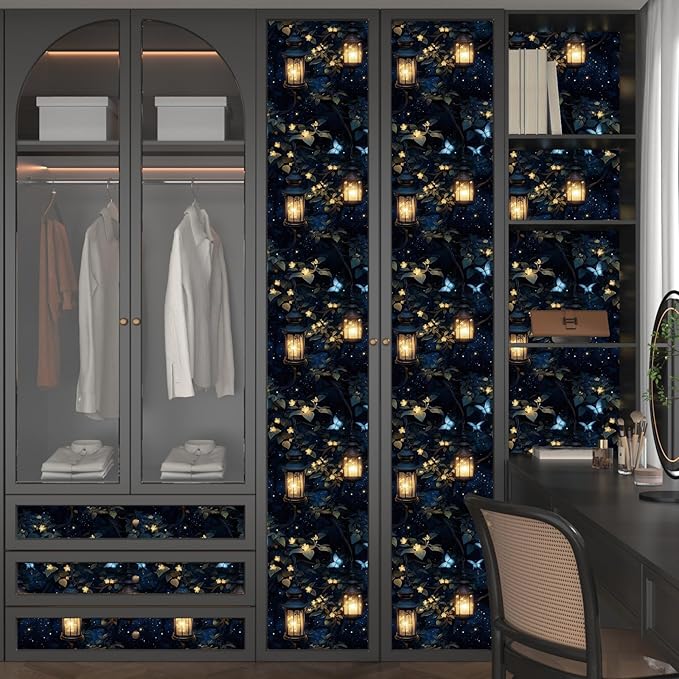 Dark Wallpaper Peel and Stick Night Forest Contact Paper Vintage Green Leaf Wall Paper Vinyl Waterproof Self Adhesive Retro Lantern Butterfly Walls Mural for Bedroom Cabinet Table Décor17.5" x 118"