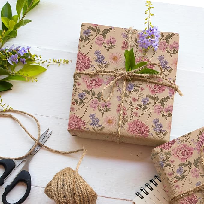 RayofSun Kraft Floral Wrapping Paper Roll 17 in x 16.5 ft Mini Roll Vintage Wildflower Pink Flower Gift Wrap Paper for All Occasion Wedding Birthday Bridal Shower Party Wrapping Supplies