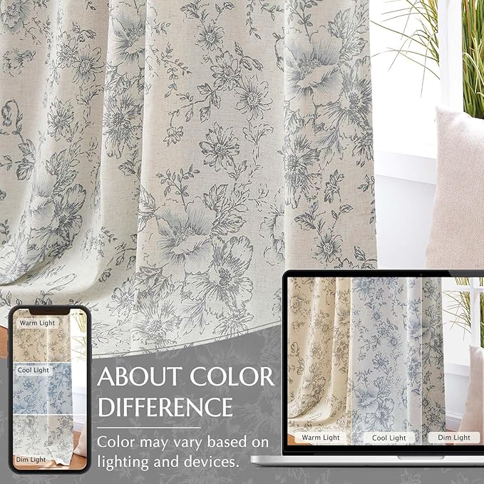 jinchan Blackout Linen Blend Curtain Grey Floral Blackout Curtains for Living Room 84 Inch Length Gray Printed with Lined Blackout Curtain for Bedroom Farmhouse Curtains Set 2 Panels