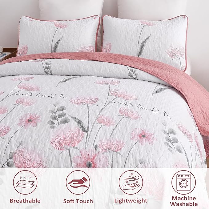 Dinjoy King Size Quilt Set Floral,3 Piece Pink/Blush Farmhouse Bedding Set Lightweight Flower Bedspreads White Coverlet Bed Sets Cute Fall Quilts for All Season(110"x90")