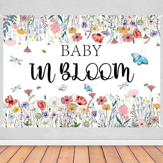 Baby in Bloom Backdrop 7x5ft, Floral Baby Shower Background for Girl, Spring Garden Theme Gender Reveal Party Decorations Banner, Wildflower Butterfly Baby Shower Photo Booth Photography