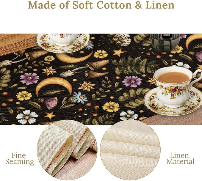 Vintage Mushroom Table Runner, Rustic Botanical Flowers Fern Moon Star Print Table Runner for Home Kitchen Dining Table Decoration Indoor Outdoor Party, 13x60inch