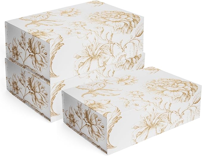 Luxury Keepsake Gift Box 3-Pack | Gold Floral Decorative Boxes with Magnetic Lids for Presents, Wedding Memory Box, and Bridal Gifts. 13.5" x 9" x 4.3"