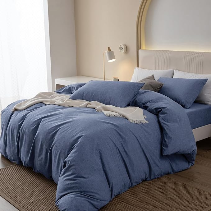 JIYUAN 100% Washed Cotton Duvet Cover Set 3 Pieces Queen, 1 Duvet Cover 90x90 Inches(Comforter Not Included) and 2 Pillowcases,Linen Like Comfy and Breathable,Heathered Blue