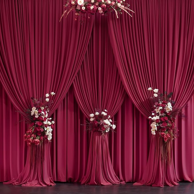 Burgundy Backdrop Curtain 10 Panels-Wrinkle-Free Burgundy Curtains Polyester Photography Drapes for Baby Shower Birthday Party Photo Background Backdrop Stand- 40 X10FT