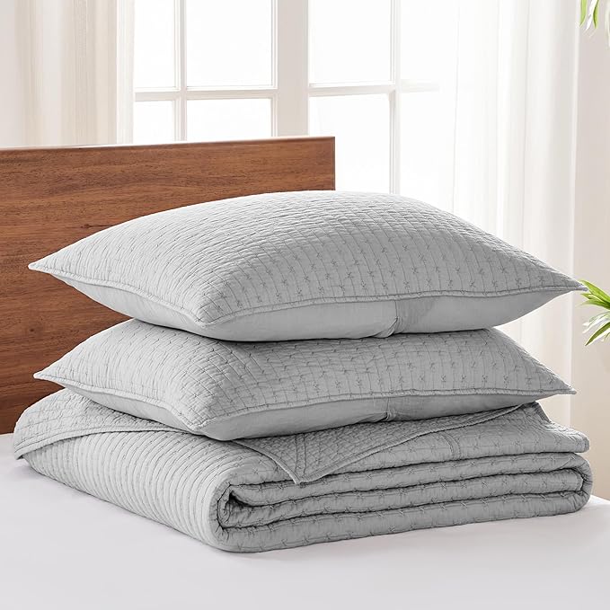 Levtex Home Cross Stitch Reversible Twin Bedspread Set (84x104in) with 1 Pillow Sham (26x20in) - Stitch Texture - Light Grey - Cotton Twin Size Bedspread Set - Lightweight, Soft, Pre-Washed