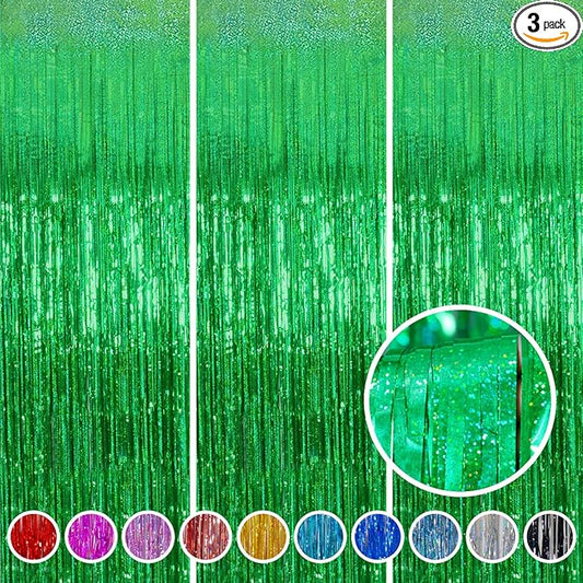 Foil Fringe Curtains Christmas Decorations - Melsan 3 Pack 3.2 x 8.2 ft Green Tinsel Curtain Party Photo Backdrop for Birthday Party Baby Shower or Graduation Decorations