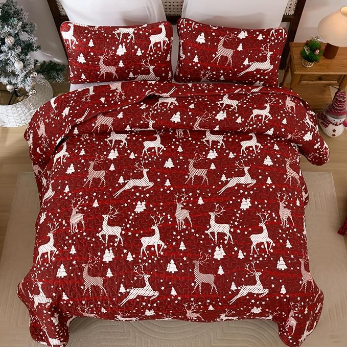 Dinjoy Christmas Quilt Set Queen Size, Christmas Holiday Quilt Bedding Set Xmas New Year Bedspread Soft Microfiber 3 Pieces Coverlet for Kid Adult 90"x90" New Year Gift