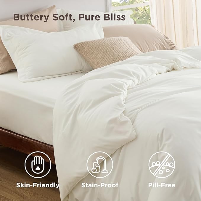 Bedsure Duvet Cover with Fitted Sheet King - Deep Pocket, Hotel Luxury Soft Double Brushed Bedding Set with Zipper Closure, 1 Duvet Cover, 1 Fitted Sheet, 2 Pillow Shams, NO Comforter, Ivory White