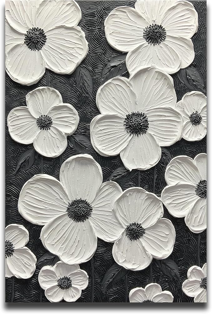 moshinart 30 x 45in Hand-Painted Oil Painting 3D Texture Black White Grey Modern Minimalist Black Abstract Wall Art, Home Office Wall Decoration Petal