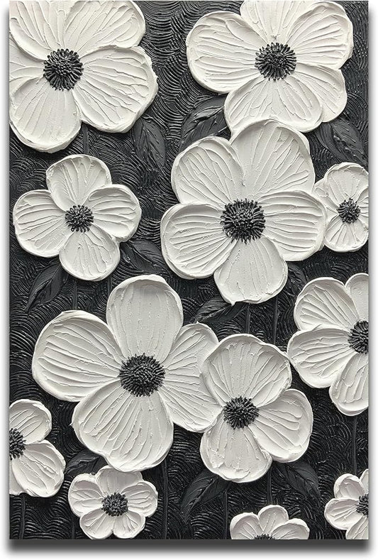 moshinart 30 x 45in Hand-Painted Oil Painting 3D Texture Black White Grey Modern Minimalist Black Abstract Wall Art, Home Office Wall Decoration Petal