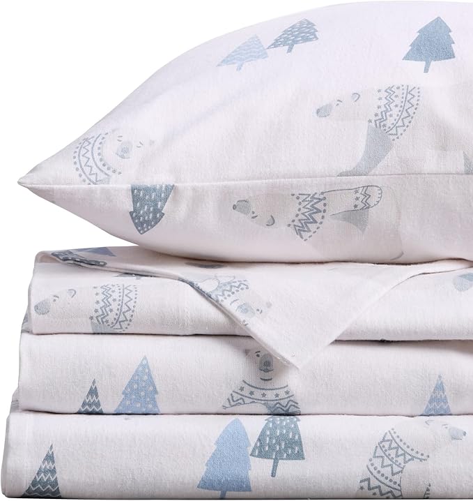 Market & Place 100% Turkish Cotton Flannel Sheet Set | 4 Piece Deep Pocket Novelty Cozy Winter Bed Sheets | Double Brushed for Extra Softness & Comfort | Alpine Collection (King, Polar Bears)