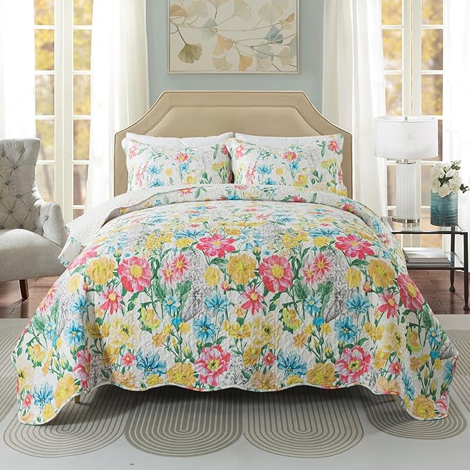 Travan Floral Quilt Queen Quilt Set, Ultra Soft Reversible Microfiber Queen Quilt Bedding Set with 1 Quilt Set and 2 Shams Yellow Flower Coverlet Set for All Season, Coreopsis-Yellow, King