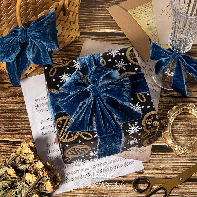 Ribbli Ocean Blue Velvet Ribbon 1.5 Inch Handmade Frayed Vintage Christmas Ribbon for Gift Wrapping Christmas Tree Ornament Wreath Craft Home Decor -3 Yards