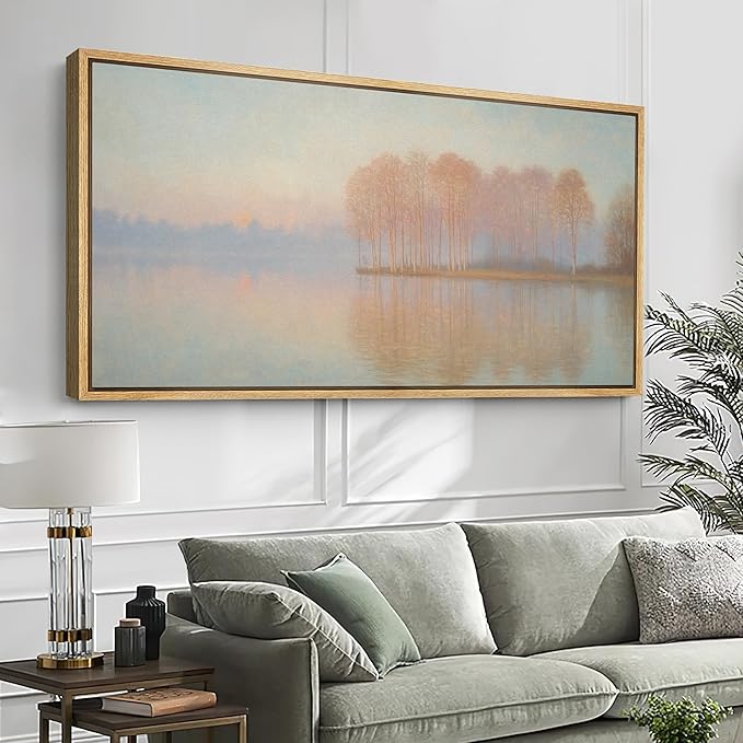 SIGNFORD Extra Large Framed Canvas Print Wall Art Sunrise Over Autumn Trees and Lake Soft Pastel Nature Illustrations Modern Art Relax/Calm Warm for Living Room, Bedroom, Office - 60"x30"