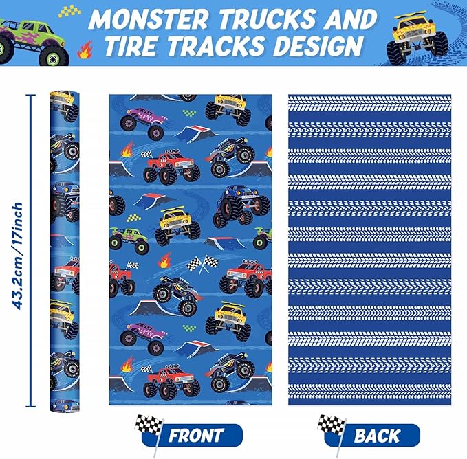 WERNNSAI Monster Truck Wrapping Paper - 1 Roll 17”x 16.4 ft Reversible Monster Jam Truck Wrapping Paper for Kids Boys Birthday Blue Truck Gift Packing for Racing Theme Birthday Carnival Celebration Party Supplies