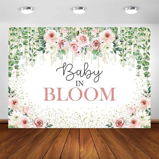 Avezano Baby in Bloom Backdrop Sage Green Leaves with Pink Flowers Baby Shower Party Decorations Baby Girl's Greenery Floral Nature Theme Photography Background Cake Table Banner (10x7ft(120x84in))