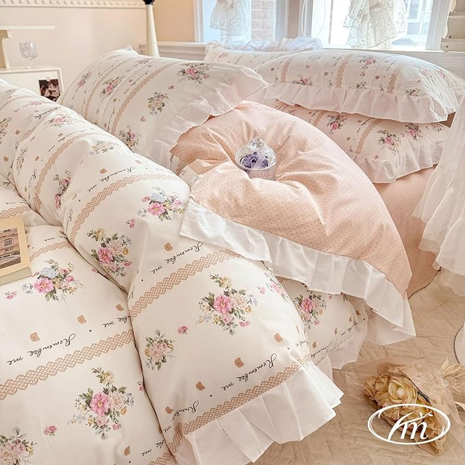 VM VOUGEMARKET Pink Flower Comforter Set Twin White Ruffle Down Comforter with 2 Pillow Shams Cute Romantic Girls Lace Comforter Set Reversible Lightweight(3pcs,Twin XL)