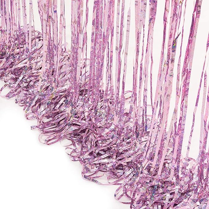 BRAVESHINE Pink Streamers Tinsel Foil Fringe Curtains - 2Pcs 3.2x8.2ft Metallic Party Backdrop for Christmas/New Year/Snowflake/Girl/Princess/Birthday/Bridal Shower/Bachelorette/Engagement Decorations