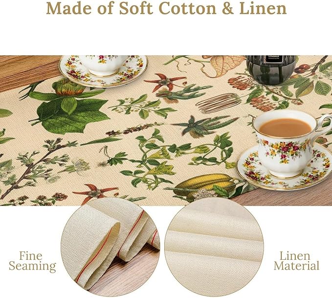 Vintage Botanical Table Runner Rustic Wildflower Plants Herbs Retro Boho Wild Floral Ferns Green Leaf Spring Summer Seasonal Dinner Runner for Home Kitchen Cabin Holiday Party Decor 13x70in