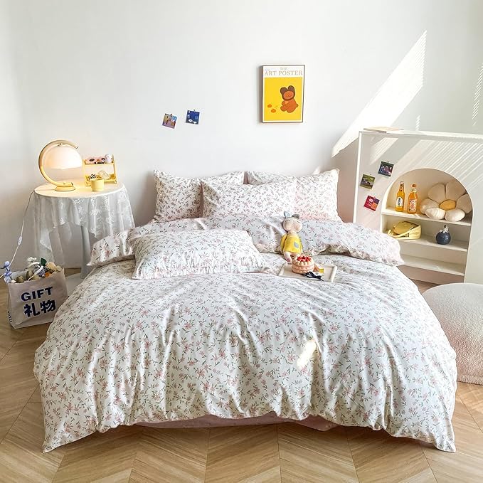 LifeTB 3 Pieces Girls Floral Comforter Set Twin XL Pink Flower Bedding Comforter with 2 Pillowcases Fluffy Cozy Cottagecore Bedding Boho Farmhouse Vintage Botanical Comforter Set for All Seasons