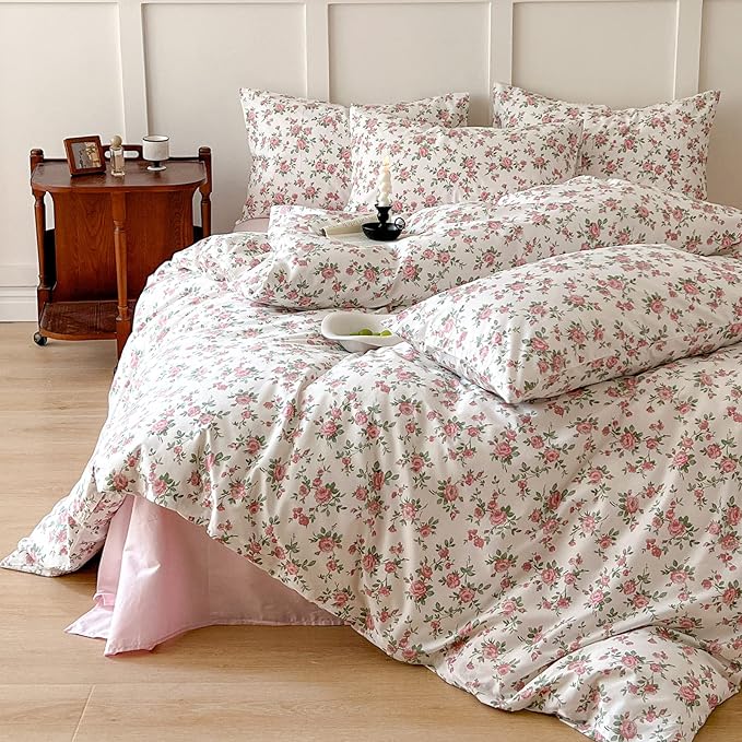 Girls Floral Duvet Cover Twin Pink White Floral Bedding Set Vintage Rose Flower Printed Duvet Cover Cotton Floral Comforter Cover Botanical Aesthetic Bedding Set 1 Twin Duvet Cover with 2 Pillowcases