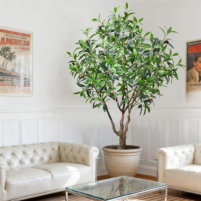 Olive Tree 7.5ft New Large Fruit, New Large Leaves - Artificial Tree, Fake Tree & Faux Tree with Sturdy Base for Indoor Outdoor Office Decor