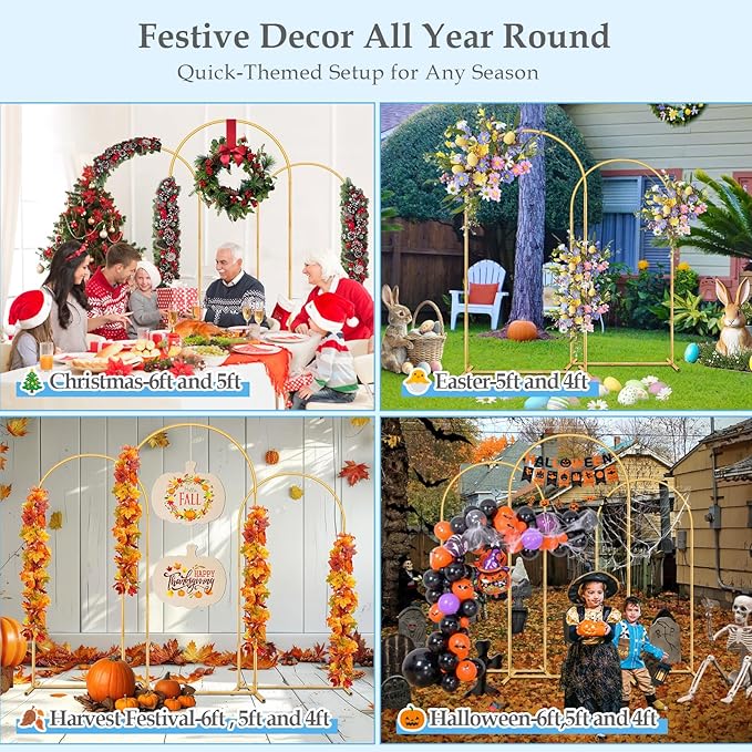 Wedding Arch Backdrop Stand, 6FT, 5FT, 4FT Set of 3 Metal Gold Balloon Arch kit Stand for Ceremony Baby Shower Birthday Bridal Party Event Background Decoration, Garden Climbing Plant Fram