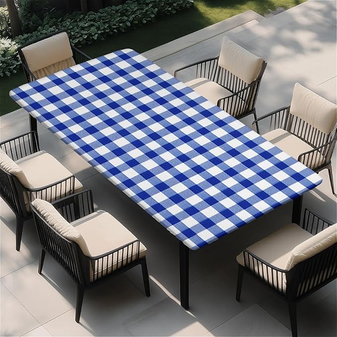Rectangle Table Cloth Cover Waterproof Elastic Fitted Polyester Fitted Tablecloths for 4 Foot Tables for Indoor,Picnic, Camping, Outdoor （48" x 24"，Blue Grid）