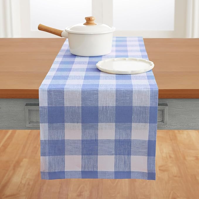 Solino Home Linen Checkered Table Runners 72 Inches Long - 100% Pure Linen Hydrangea Blue Buffalo Check Table Runner 14 x 72 Inch Ideal for Dresser, Dining, Winter, Spring, Easter