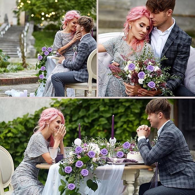 100PCS Artificial Flowers Purple Roses Real Looking Foam Fake Roses with Leaves and for DIY Wedding Bouquets Bridal Shower Centerpieces Party Decorations (Purple, 100)