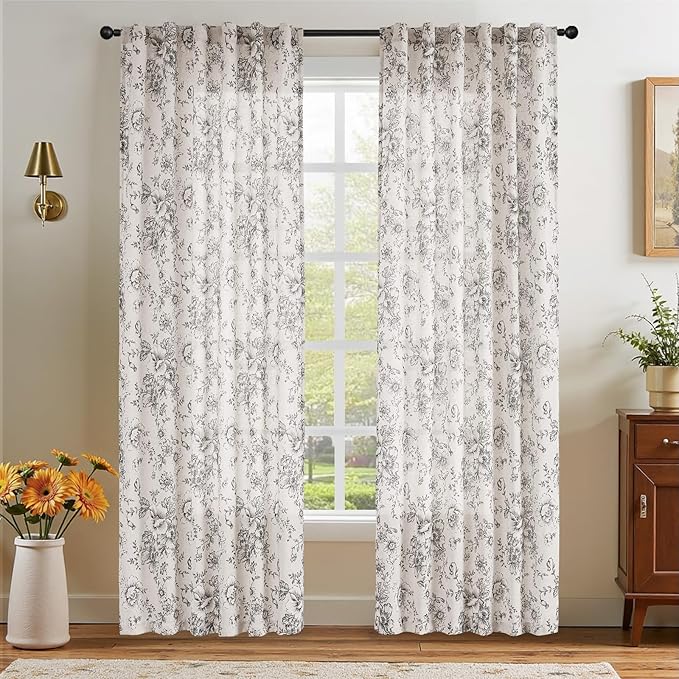 jinchan Linen Blend Curtain Floral Curtains for Living Room 84 Inch Length Farmhouse Curtain Rod Pocket Back Tab Black Printed Peony Flower Patterned Drapes Bedroom Window Curtains Set 2 Panels