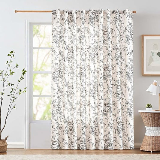 jinchan Linen Floral Curtains Extra Wide for Patio Sliding Glass Door Room Divider Curtain for Living Room 90 Inch Length Farmhouse Peony Black Printed Curtain Set 1 Panel