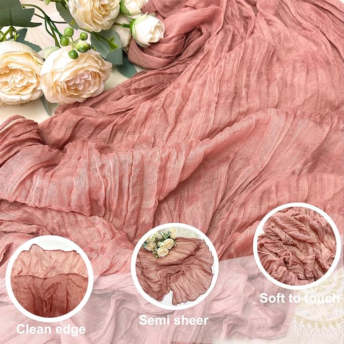 Booque Valley 6 Pack Dusty Blush Cheesecloth Table Runner 10ft Super Soft Boho Wrinkled Gauze Sheer Cloth for Baby Shower Baptism Birthday Party Wedding Centerpiece Table Decoration, 35x120 Inch
