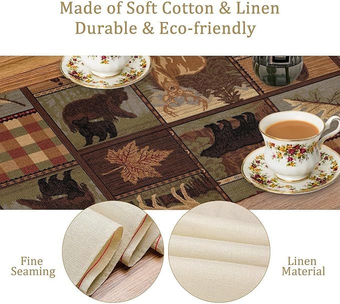 Rustic Bear Table Runner, Vintage Cottage Country Style Pine Tree Elk Wildlife Dinner Runner for Home Kitchen Dining Table Decoration 13"x108"
