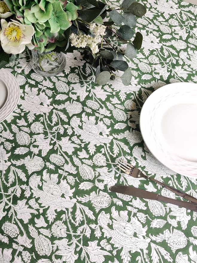 ATOSII Meraki Green 100% Cotton Spring Summer Tablecloth, Block Print Rectangle Table Cover - Dining, Parties, Outdoors, Weddings, Grand Millennial Decor 60 X 60 Inches I 4 Seater I